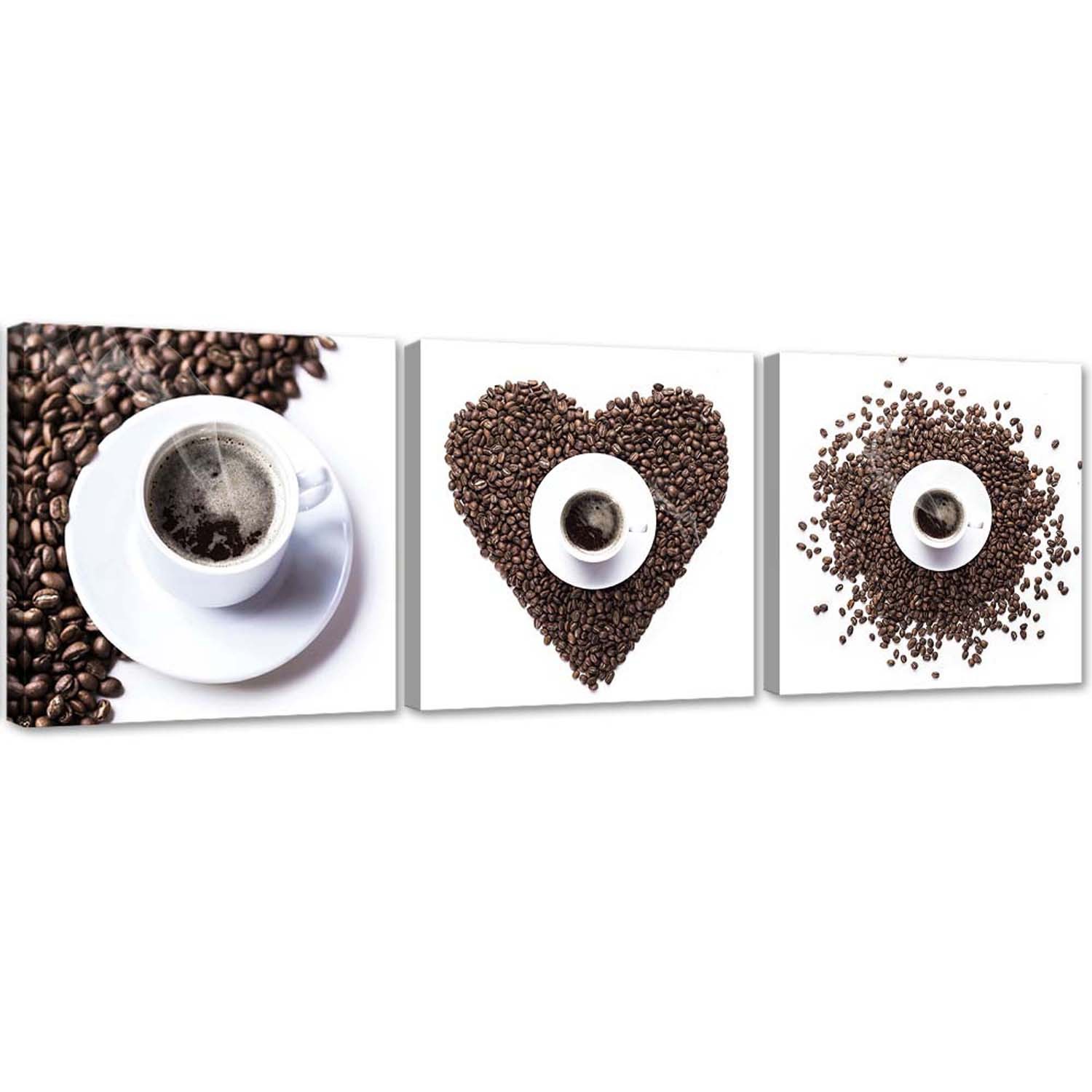 Set mit 3 rahmen mit abbildung von tassen und kaffeebohnen aus mdf und leinwand