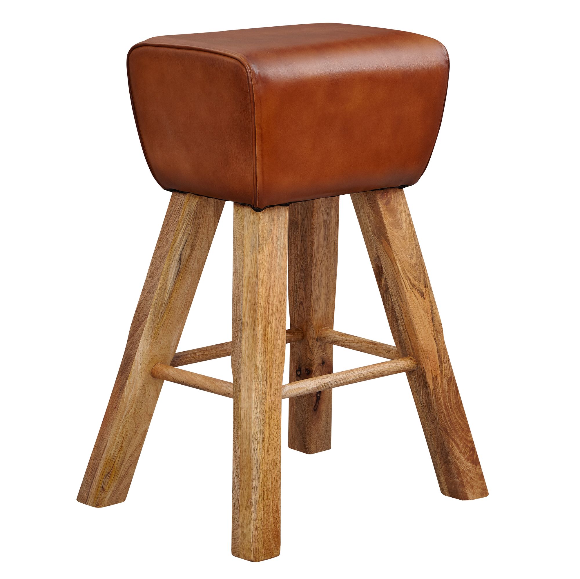 Barhocker Country aus Mangoholz und braunem Leder | 43x75x43 cm