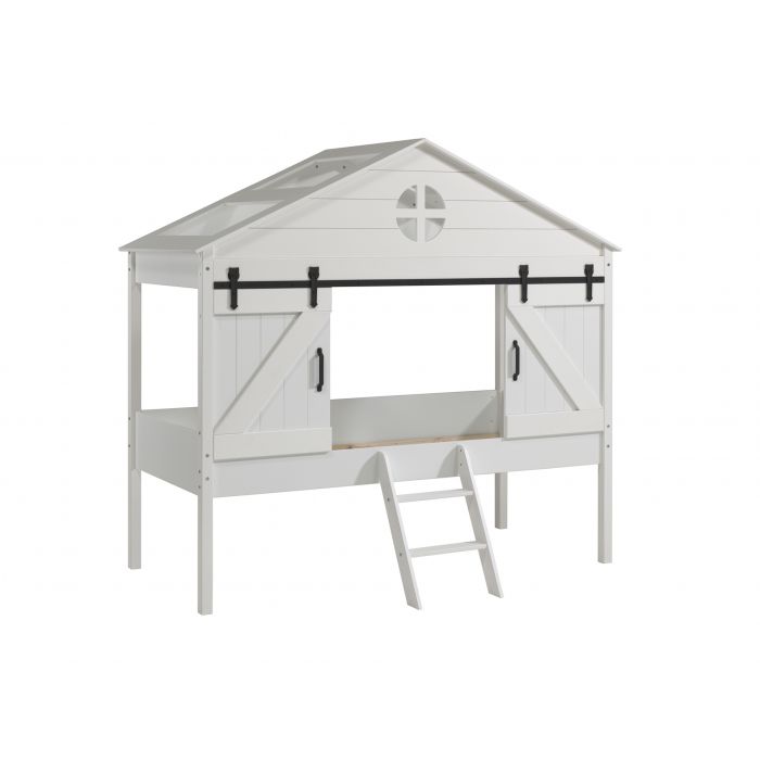 Barnie, halbhohes bett in scheunen optik, liegefläche 90 x 200 cm, ohne lattenrost, weiß lackiert