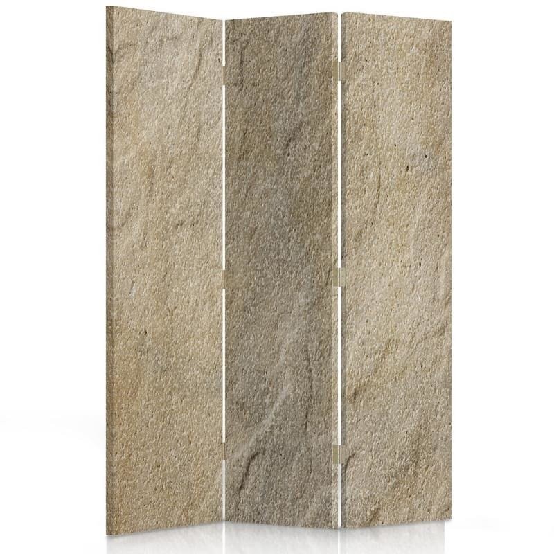 Beigefarbener paravent mit sandsteinimitat-design aus holz und leinwand