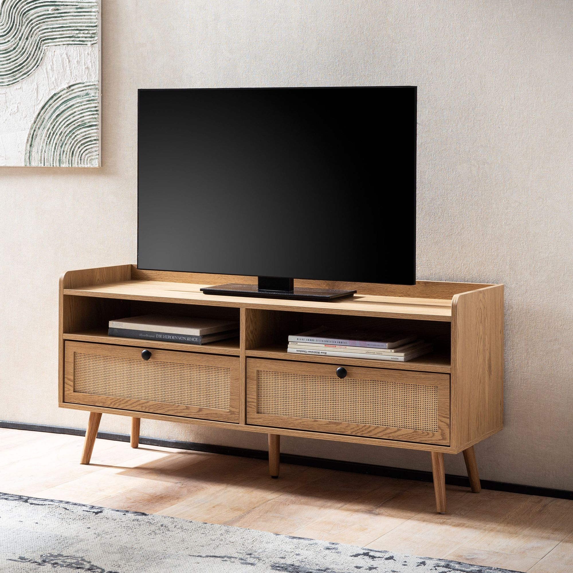 Wohnling lowboard 120 cm tv schrank schublade fernsehkommode rattan stauraum