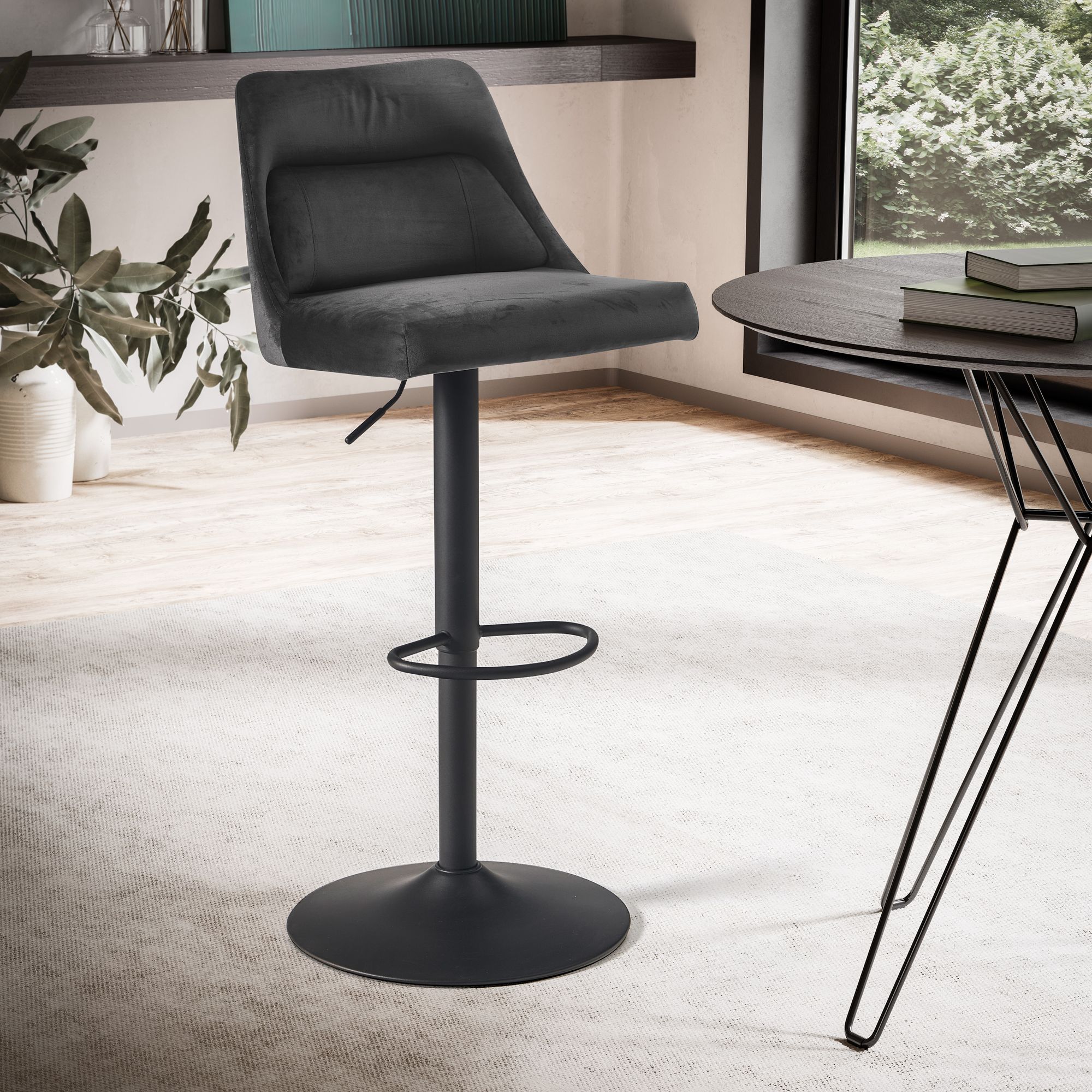 Barhocker Samt Grau | Rückenlehne | Höhenverstellbar 86-106 cm