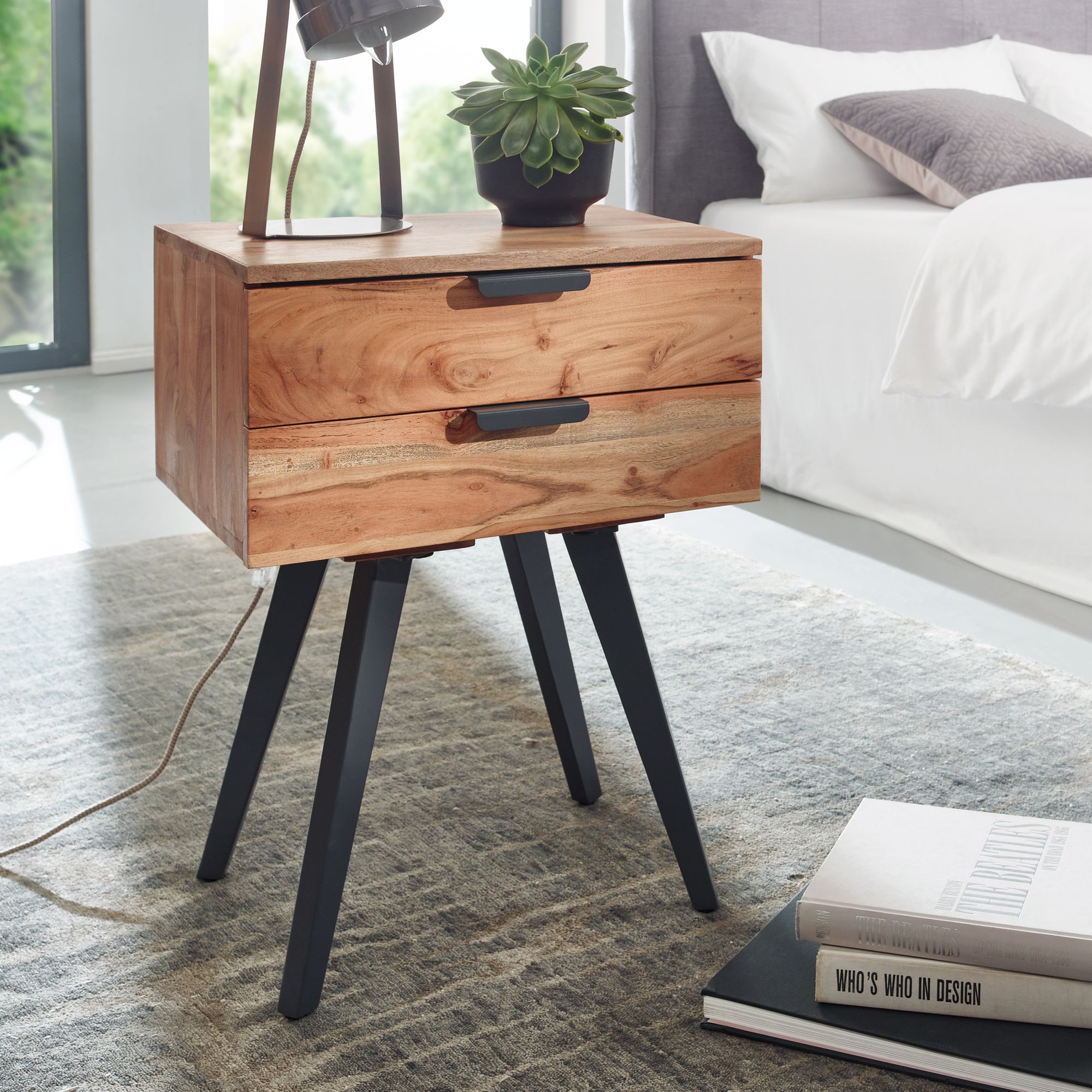 Nachtkonsole Akazie Massivholz Braun 47x65x35 cm | 2 Schubladen | Graue Metallbeine