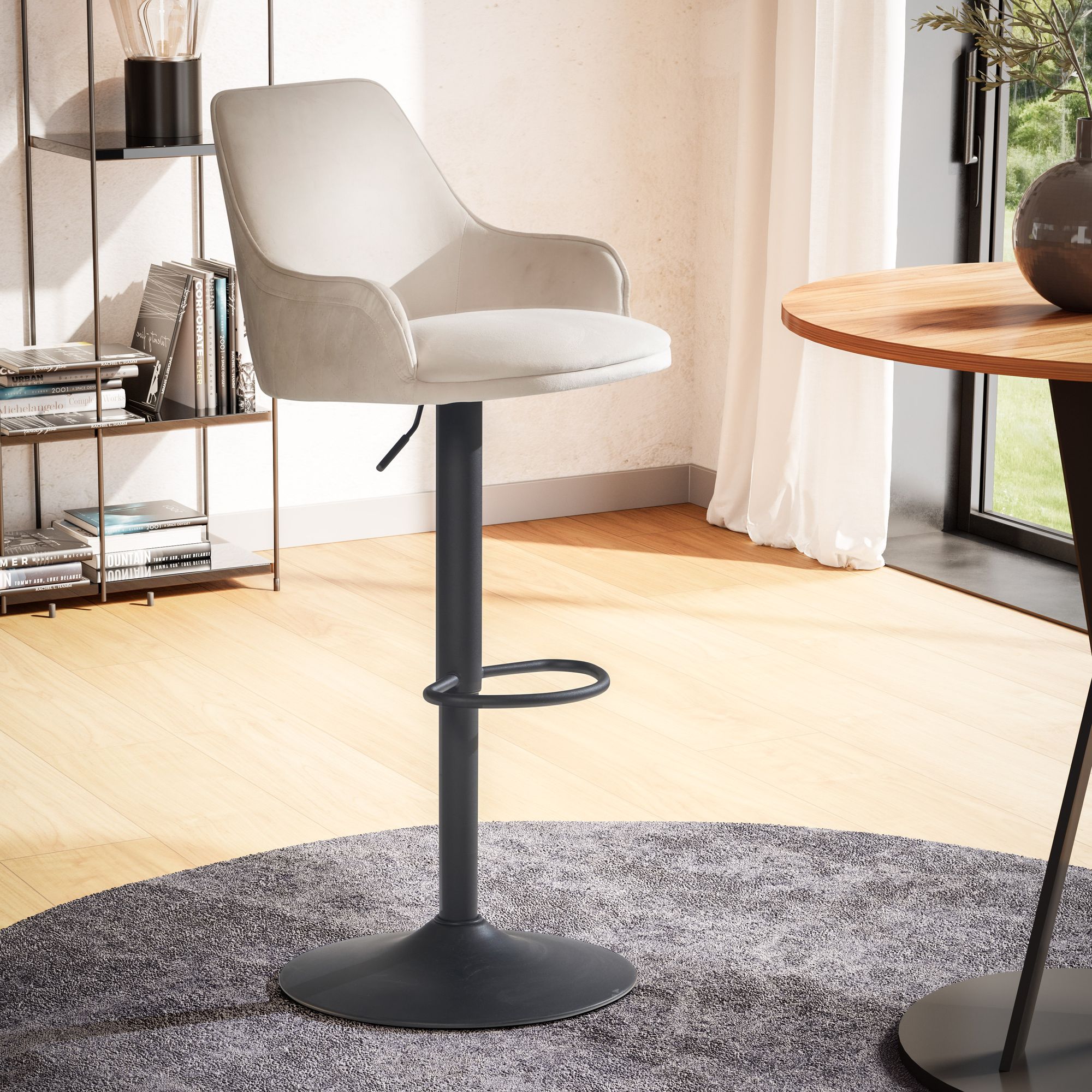 Barhocker Samt Beige | Schwarzer Metall-Trompetenfuß | Höhenverstellbar 86-106 cm