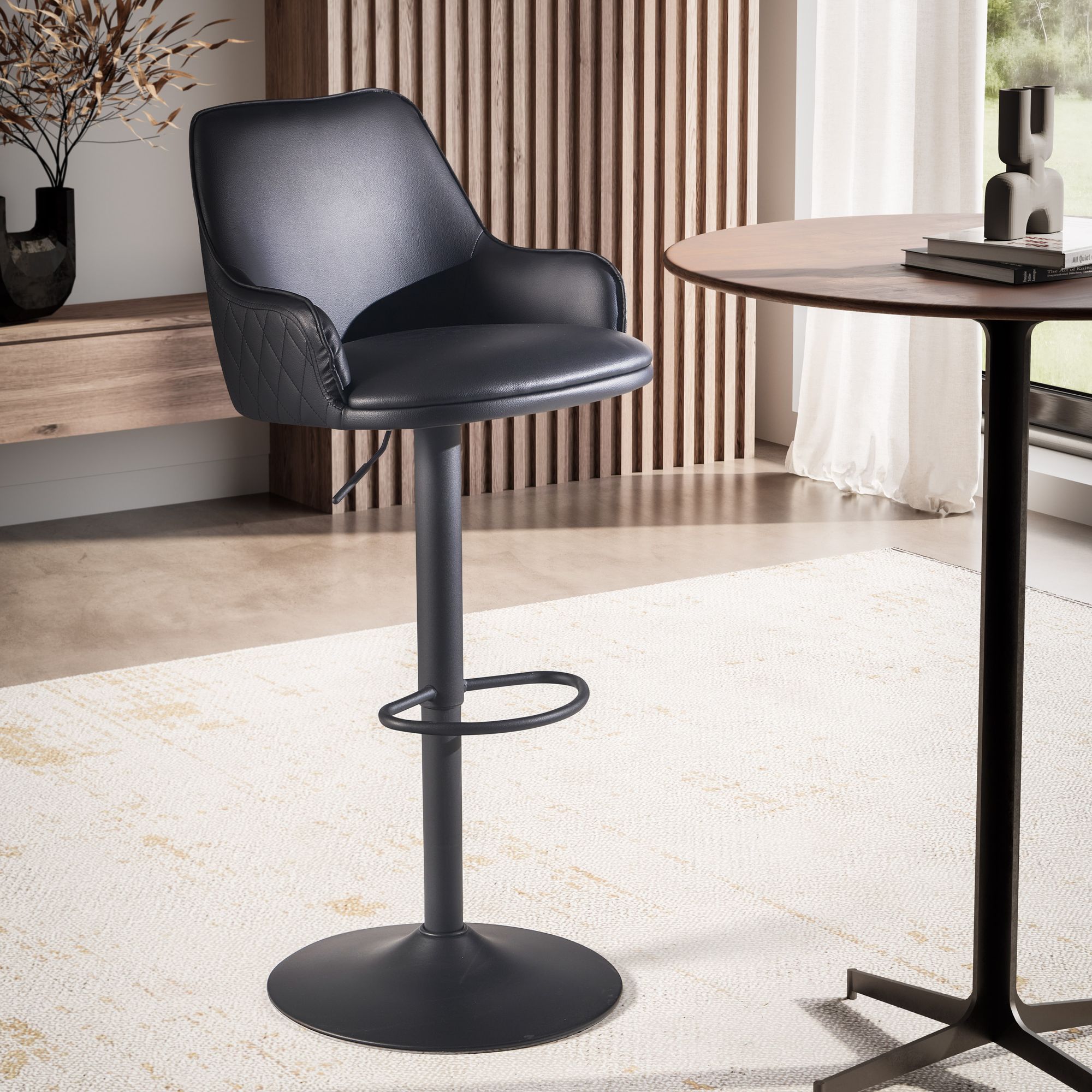 Barhocker Kunstleder Schwarz | Metall-Trompetenfuß | Höhenverstellbar 86-106 cm