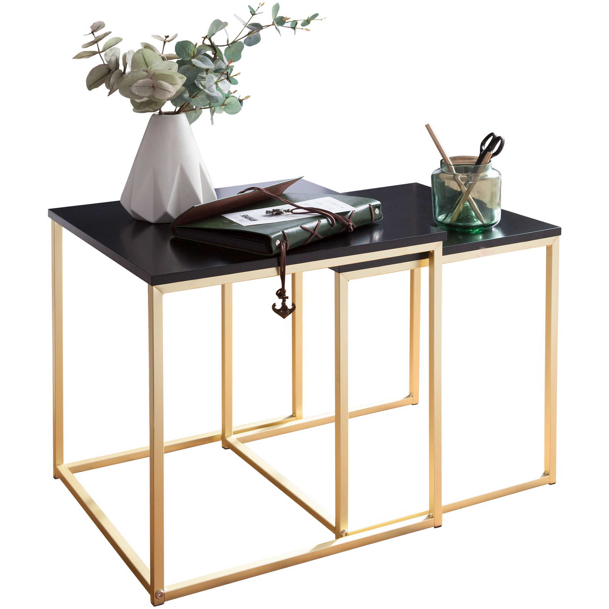 2er-Set Beistelltische MDF/Metall Schwarz Gold 40x42 & 35x39 cm | Modernes Design | Satztische