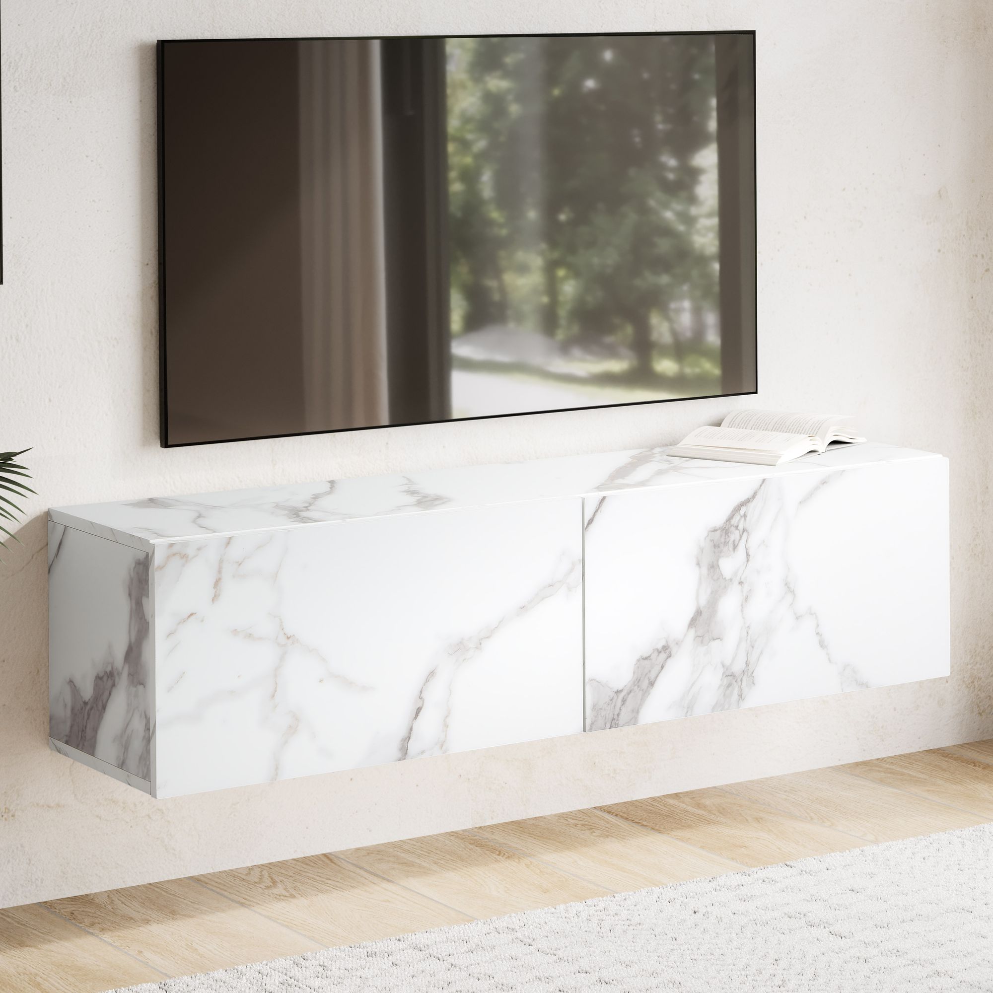 Hängendes Lowboard 120x30x30 cm Weiß matt Marmoroptik | Moderner TV-Schrank