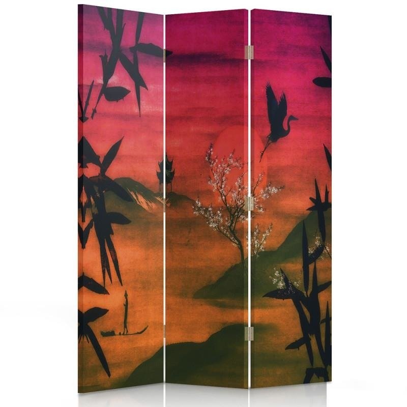 110 cm doppelseitiger paravent aus mdf und leinwand mit japanischem landschaftsbild