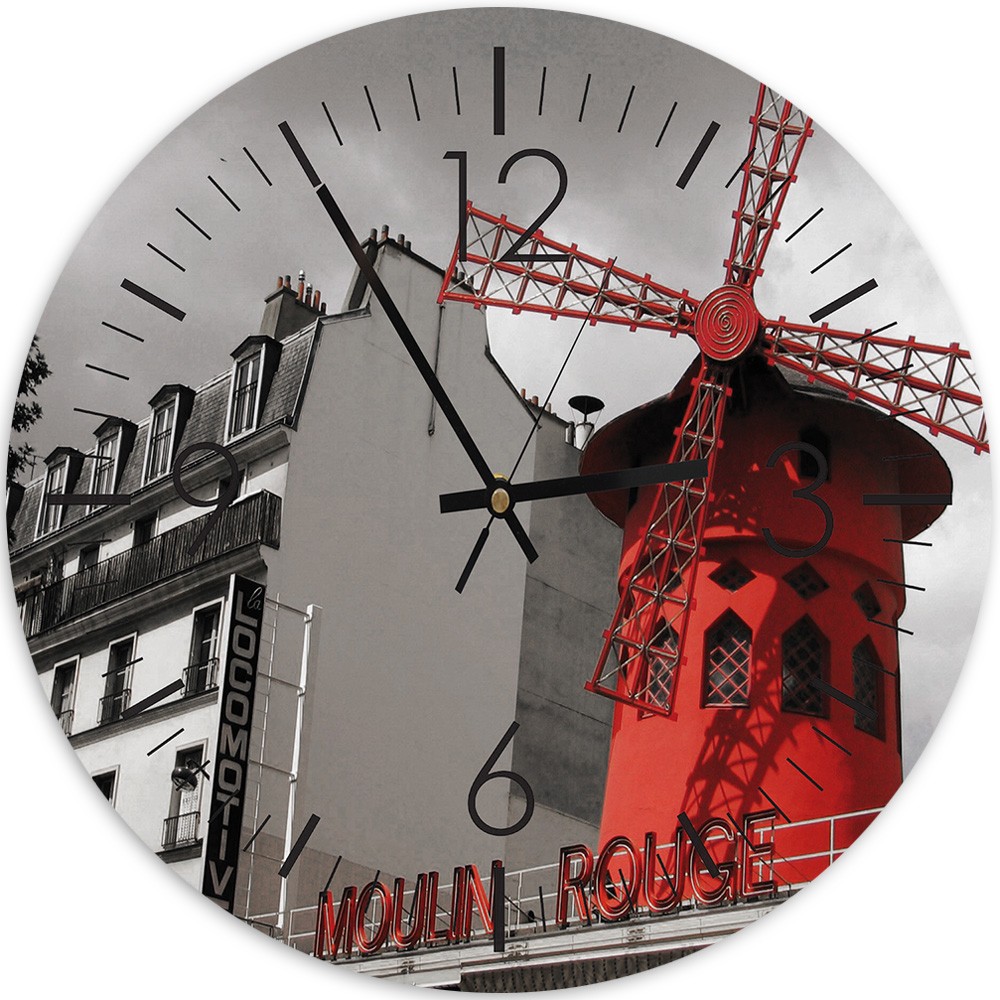 Abgerundete, analoge wanduhr mit moulin rouge-dekor