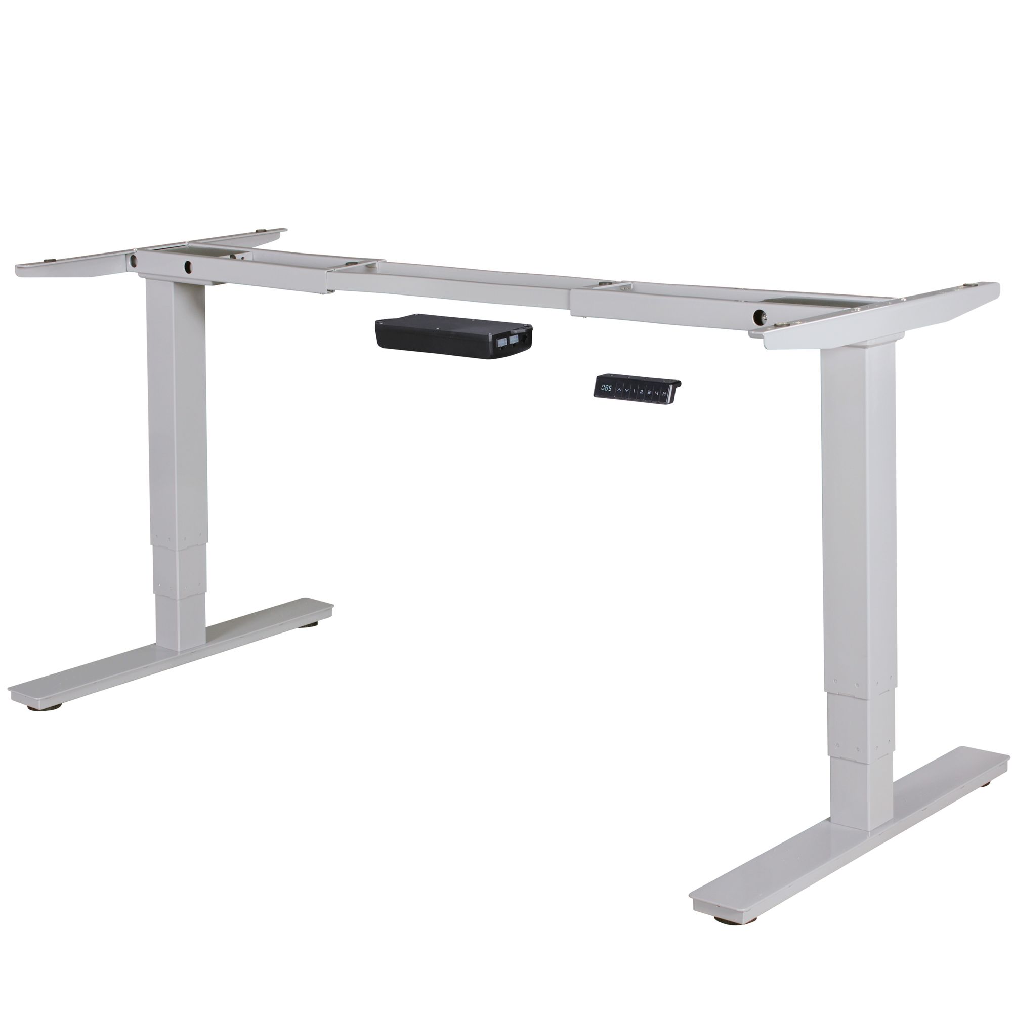 Elektrisch höhenverstellbares Tischgestell 63-128 cm mit Memory-Funktion, silbernes T-Gestell, Breite verstellbar 105-182 cm
