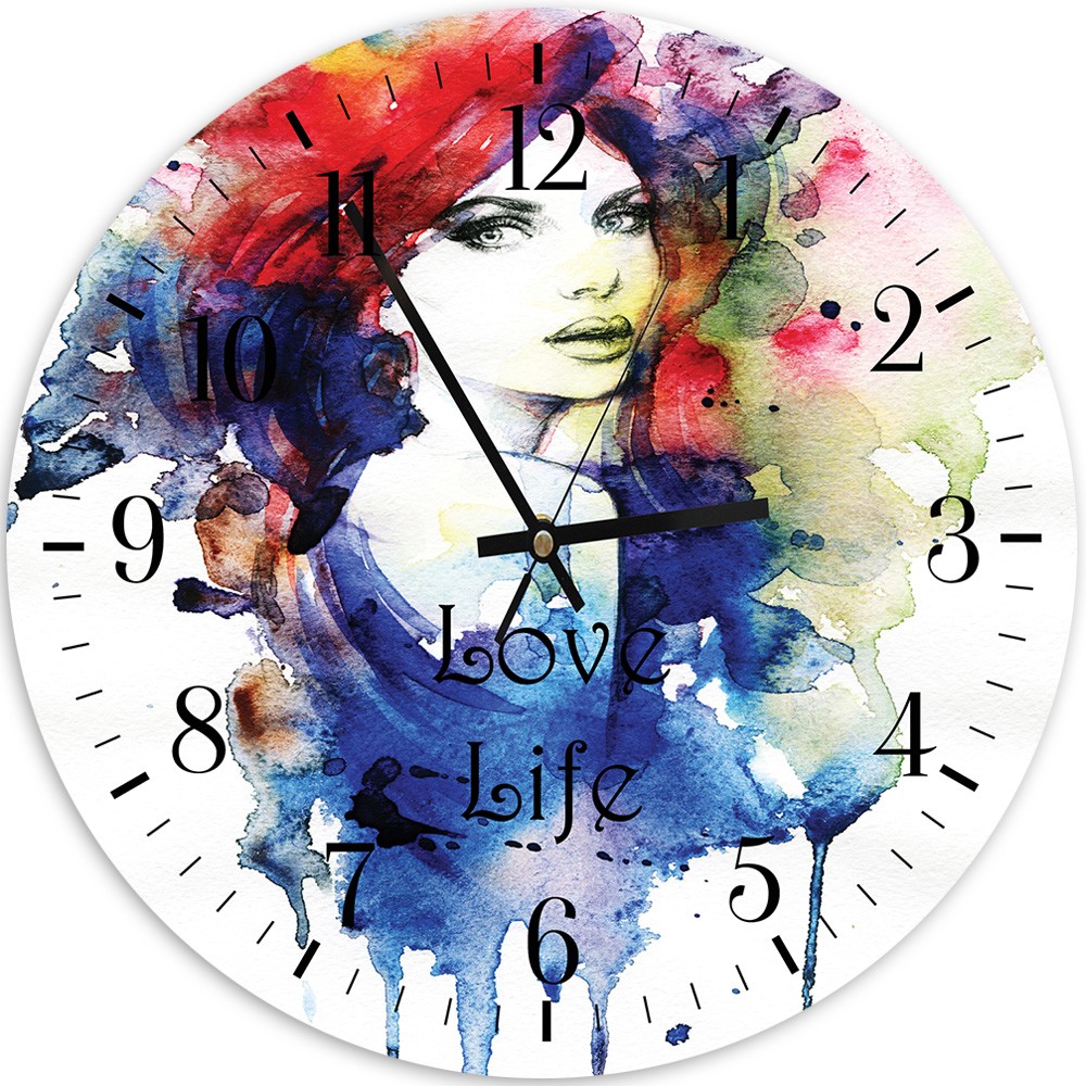 Abgerundete, analoge wanduhr mit illustrativem aquarellbild der liebe zum leben