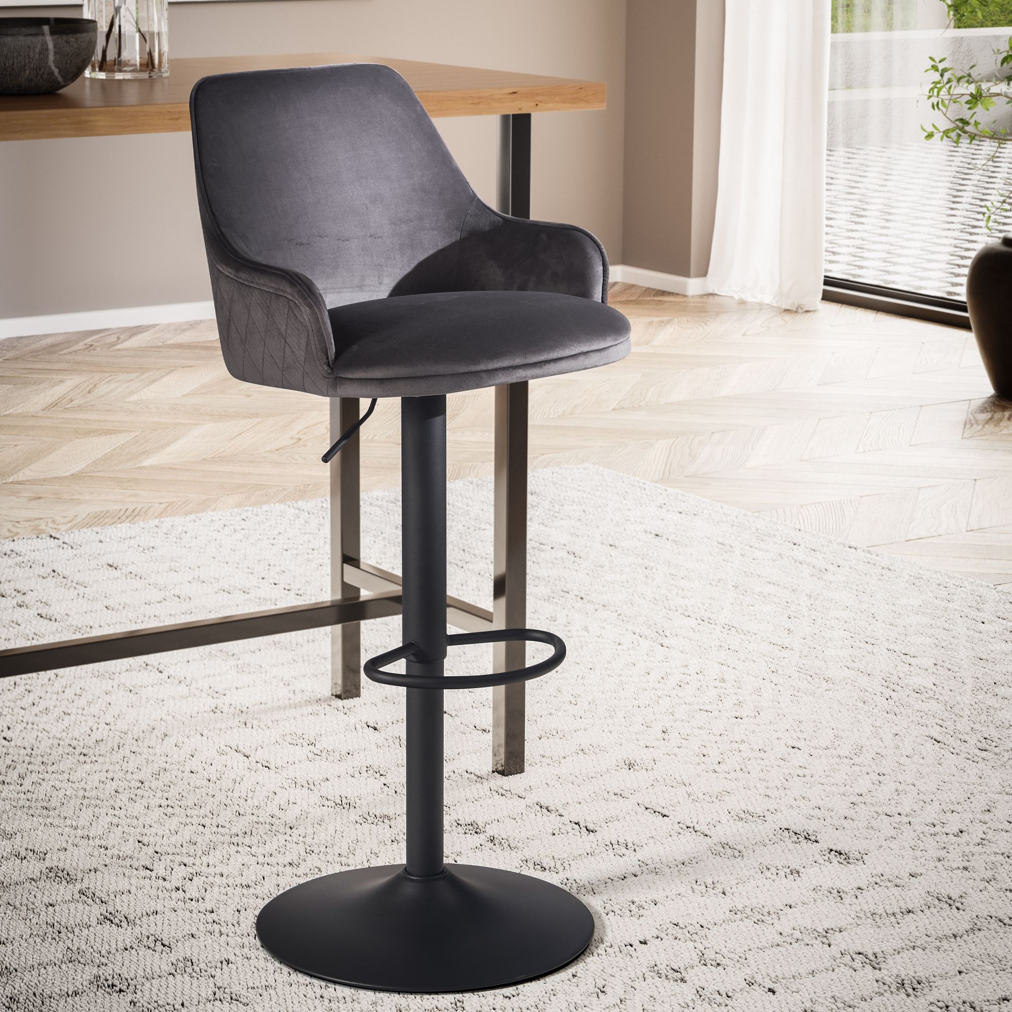 Barhocker Samt Grau | Hocker mit Lehne und Armlehnen | Höhenverstellbar 86 - 106 cm