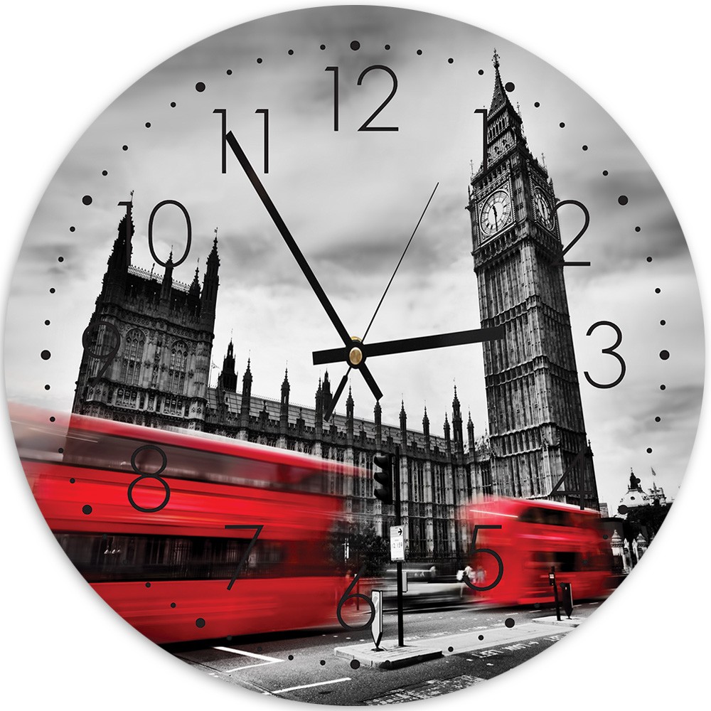 Abgerundete, analoge wanduhr mit dekorativem bild der londoner innenstadt