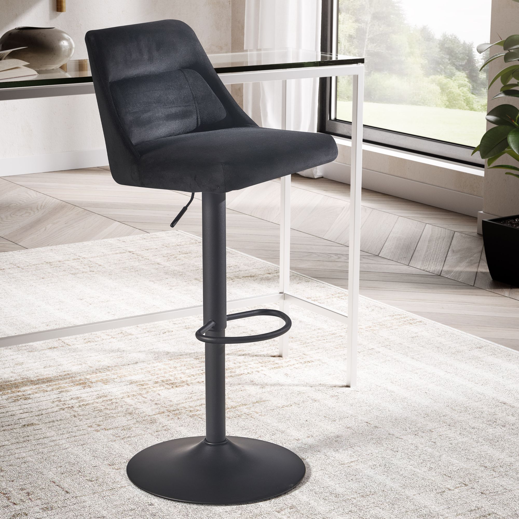 Barhocker Samt Schwarz | Rückenlehne | Höhenverstellbar 86-106 cm
