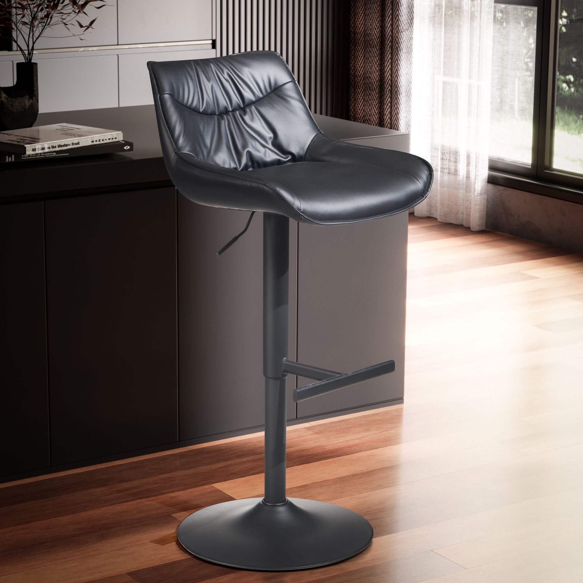 Barhocker Kunstleder Schwarz | Hocker mit Lehne | Höhenverstellbar 86 - 106 cm