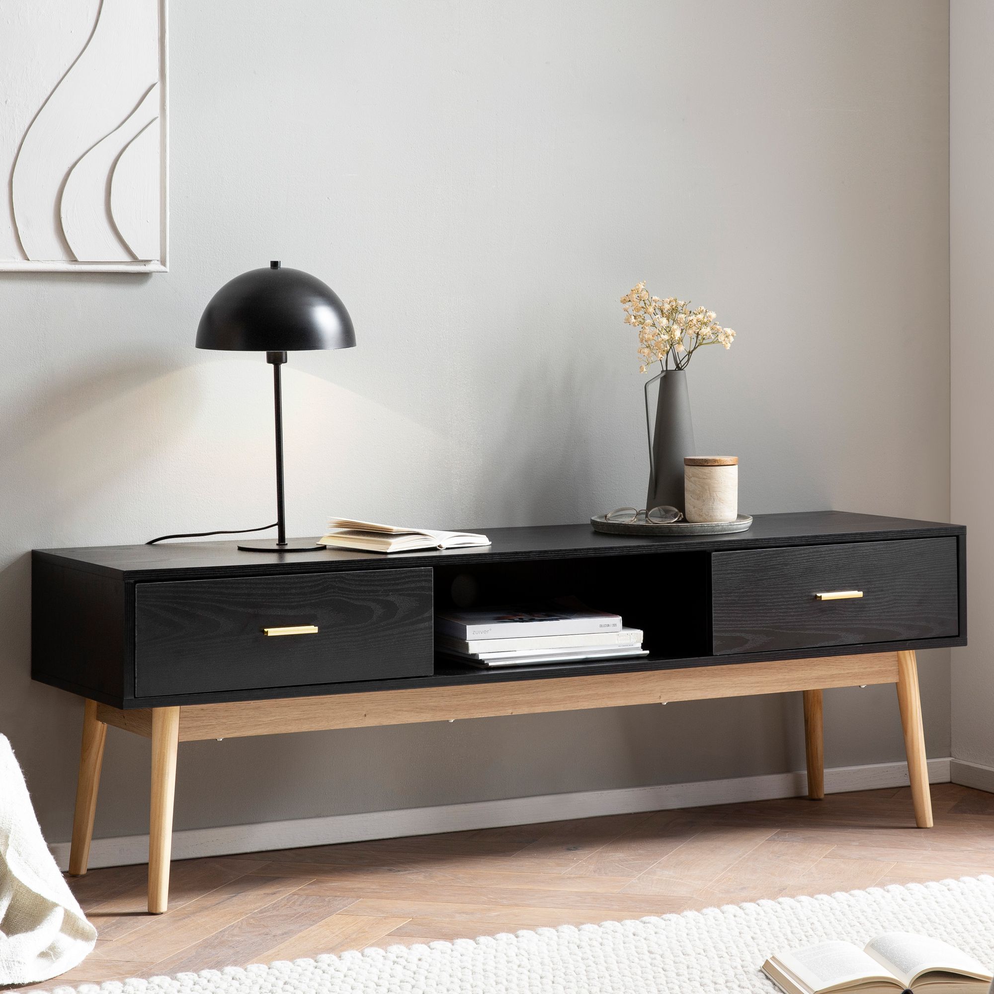 Lowboard Schwarz mit Eiche-Dekor | 150x50x40 cm | Moderner TV-Schrank
