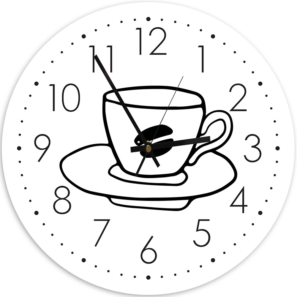 Abgerundete, analoge wanduhr mit dekorativem kaffeetassenbild in weiß und schwarz