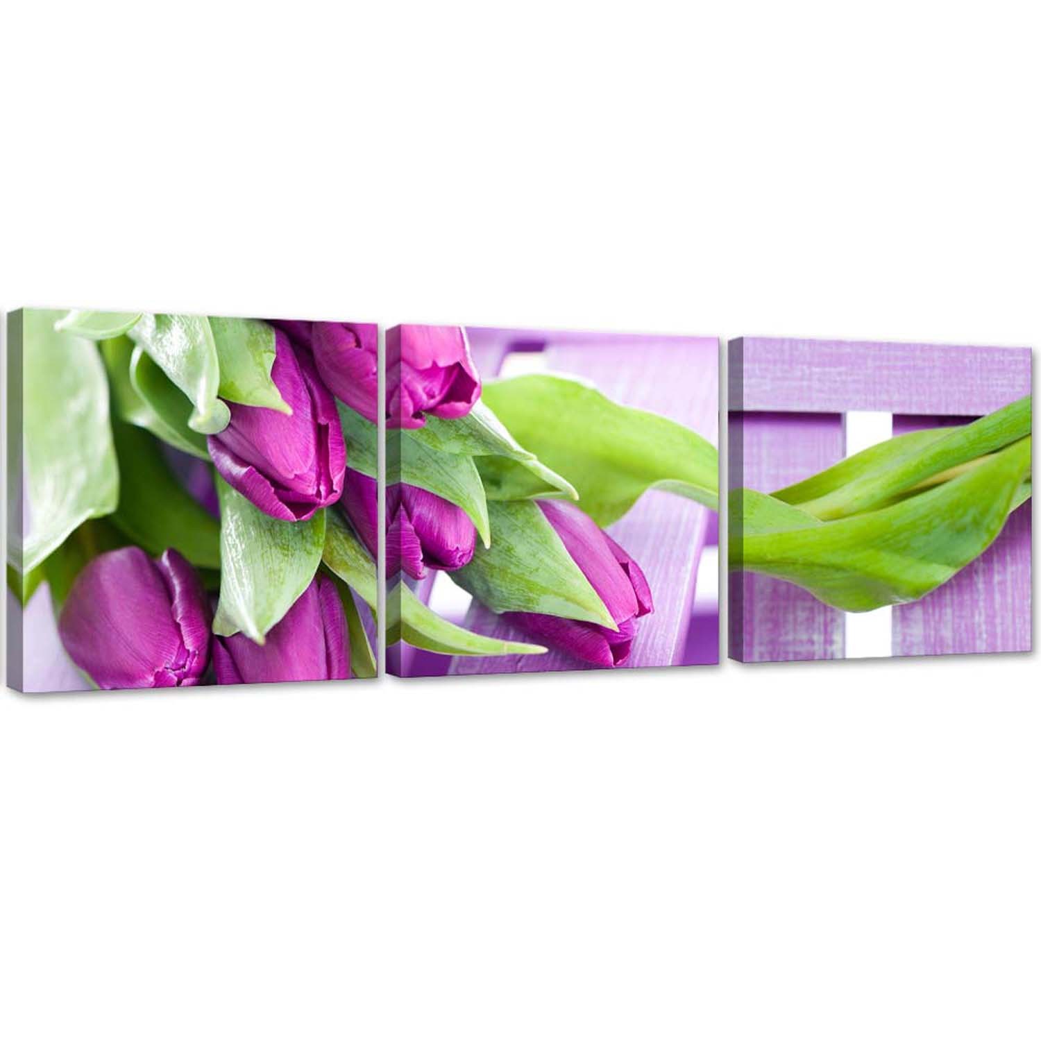 Auf leinwand gedruckter rahmen bestehend aus 3 teilen mit dem bild eines straußes lila tulpen aus mdf und leinwand