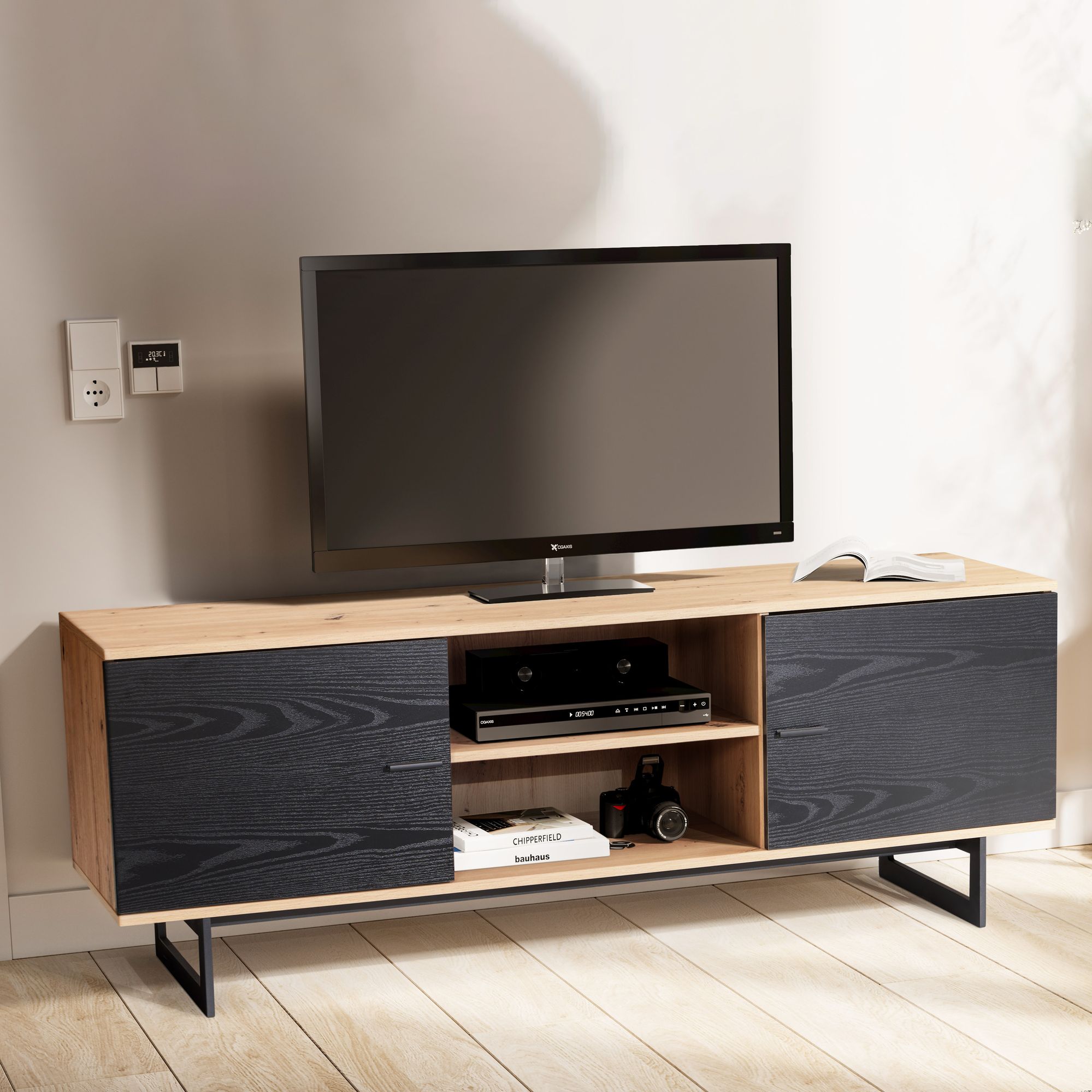 Lowboard Eiche-Dekor Schwarz | 150x55x40 cm | Moderner TV-Schrank mit zwei Türen