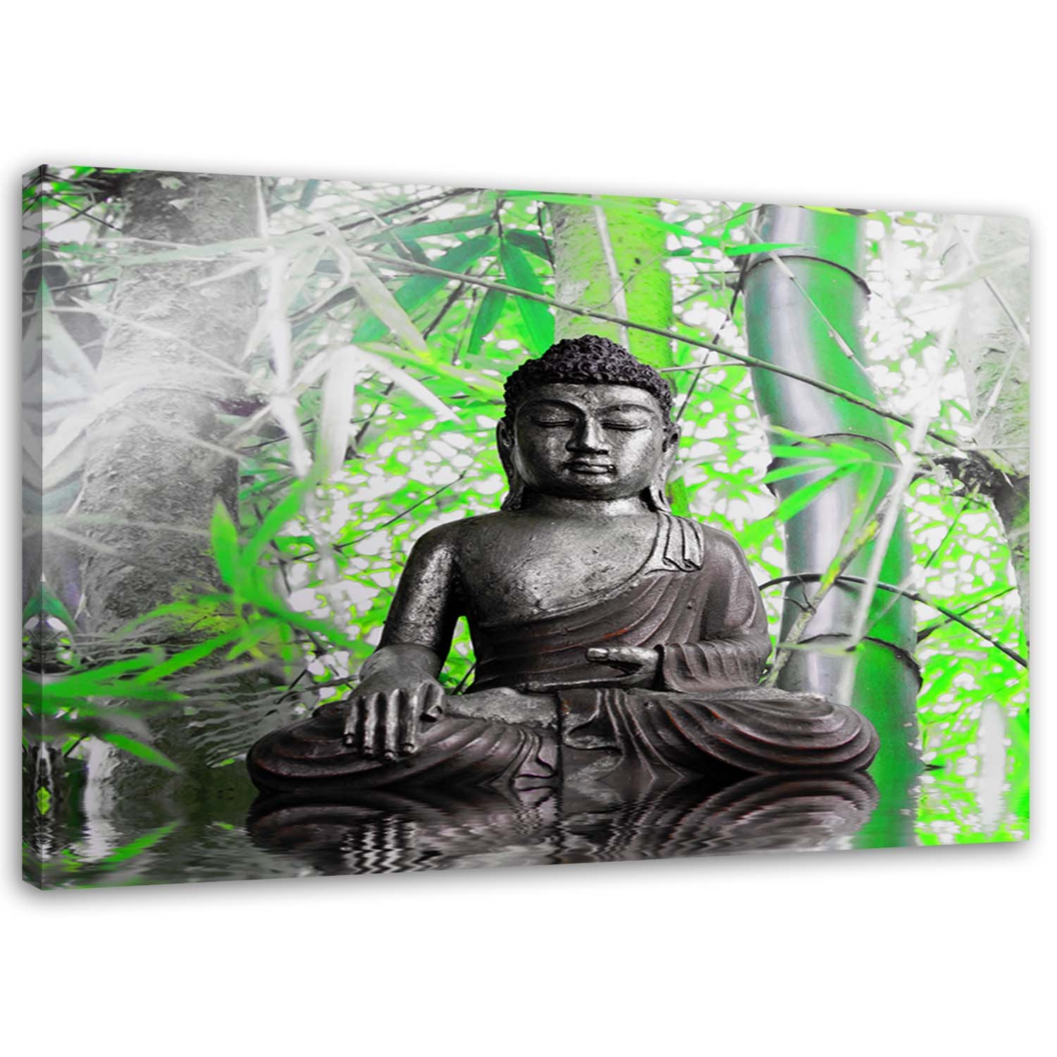 60 cm dekorativer rahmen aus mdf mit bild eines buddhas und blättern in den farben grau und grün