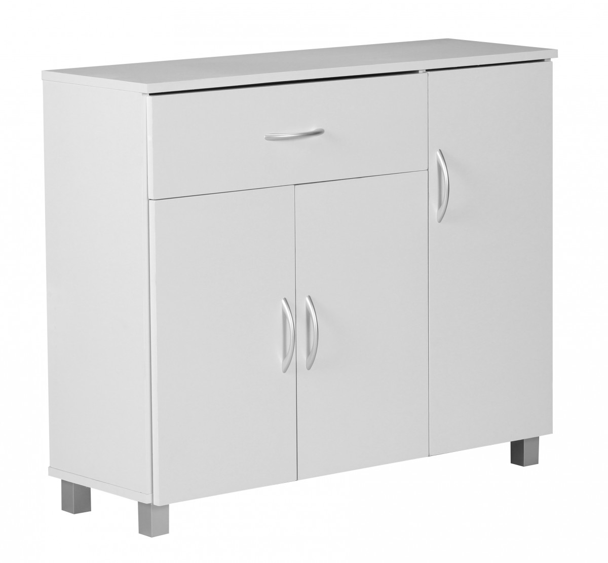 Design Sideboard SETE Weiß matt 90 x 75 x 30 cm | 1 Schublade & 3 Türen, graue Aluminiumgriffe
