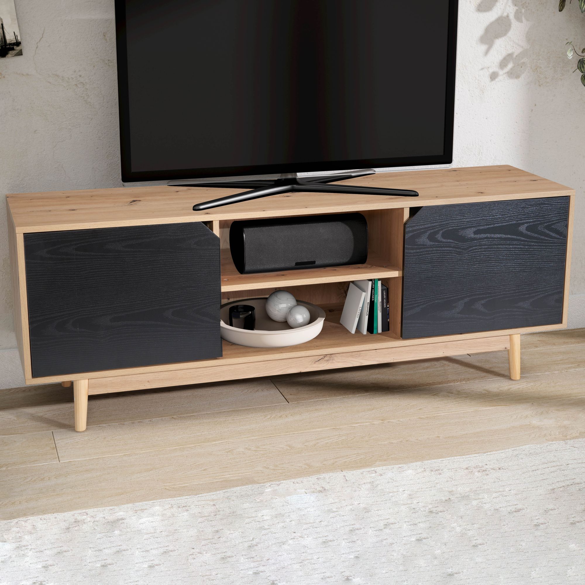 Lowboard Schwarz mit Eiche-Dekor | 150x55x40 cm | Moderner TV-Schrank mit zwei Türen
