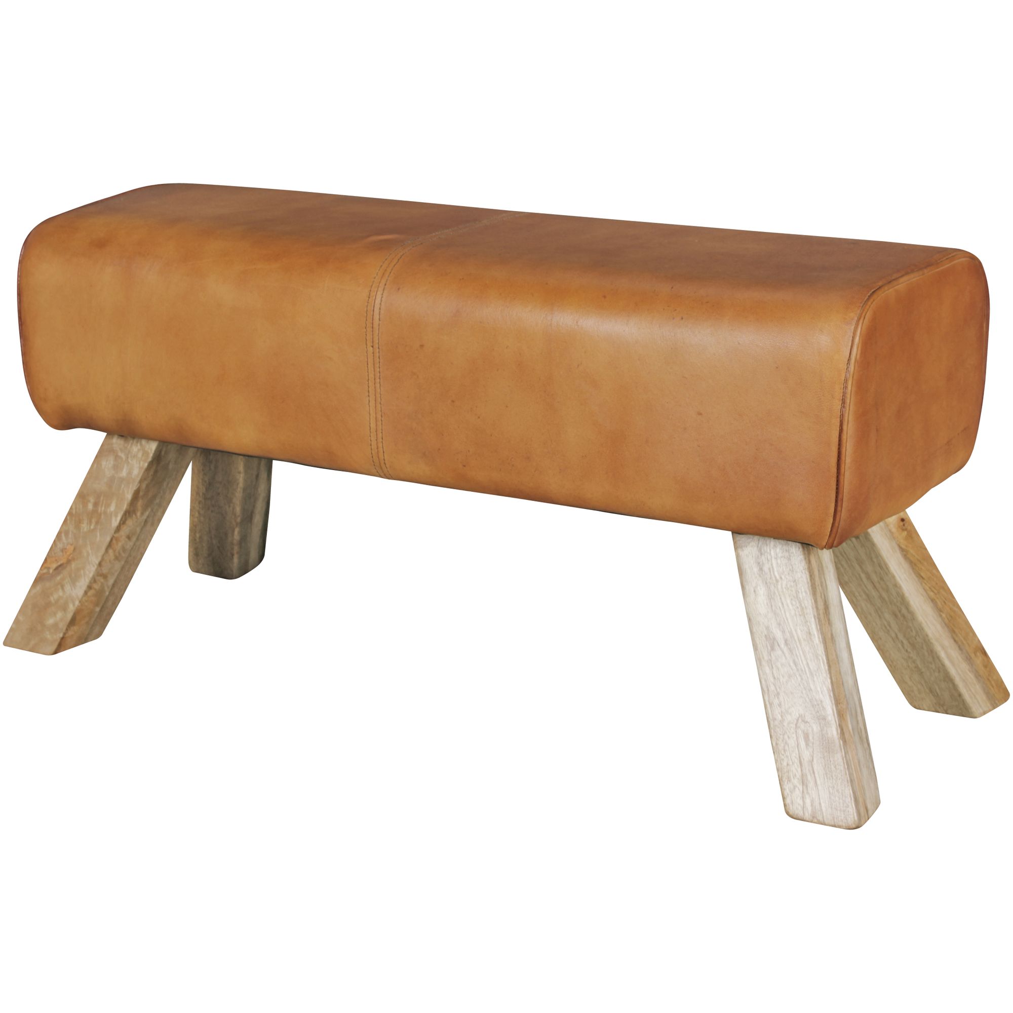 Design Holzhocker Echtes Braunleder & Mangoholz | 90 x 43 x 30 cm