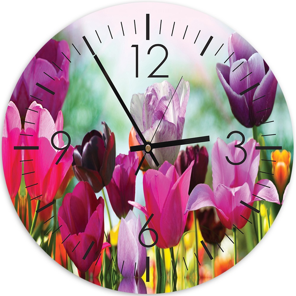 Abgerundete wanduhr mit dekorativem bild bunter tulpen